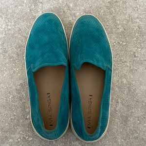 Womens VIA SPIGA Swede leather teal slide tennis size  39.5